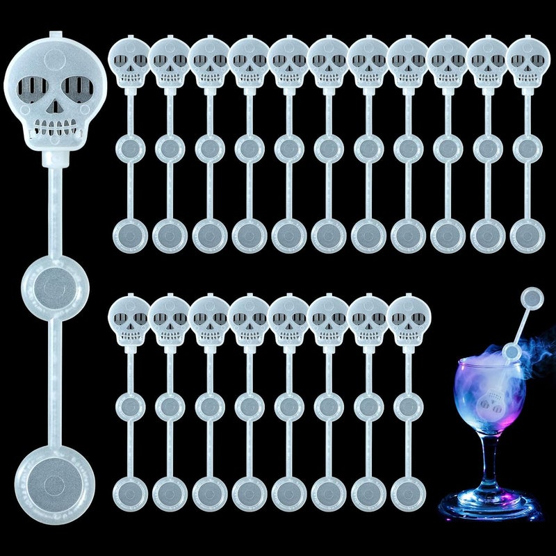 Potchen 20 Pcs Halloween Dry Ice Swizzle Sticks, Skull Shape Plastic Stir Sticks Glow in the Dark Cocktail Beverage Drink Stirrers for Smokey Drinks Coffee Mix Home Bar Party Decoration - Image 1