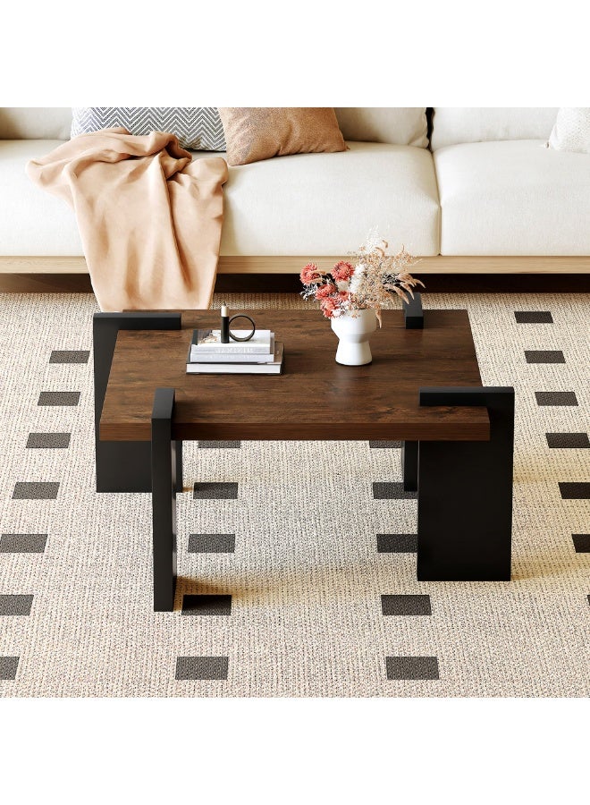 WALALLA Mid Century Modern Coffee Table, Square Black Coffee Table for Living Room, Small Coffee Tables for Farmhouse Home Bedroom Living Room Office,Black+Walnut,85*85*40 cm - Image 2