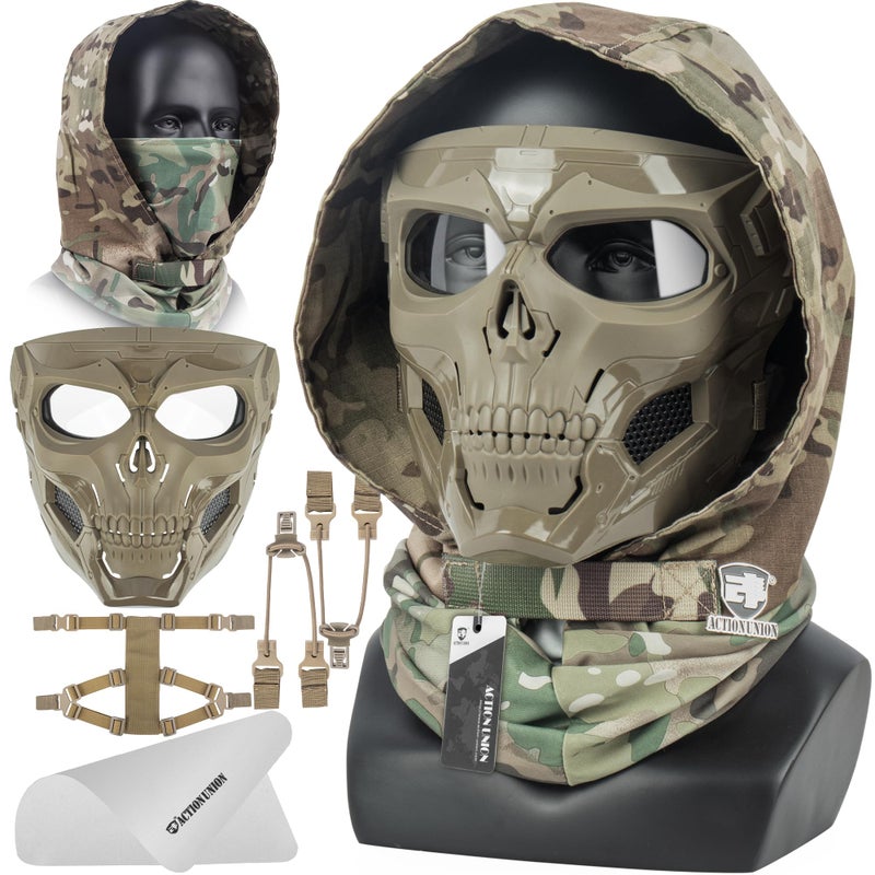ACTIONUNION قناع ACTIONUNION Airsoft لكامل الوجه جمجمة بالاكلافا قناع الوجه للرجال قناع هيكل عظمي قناع تكتيكي واقٍ لكرة الطلاء زي تنكري (أسمر) - Image 1