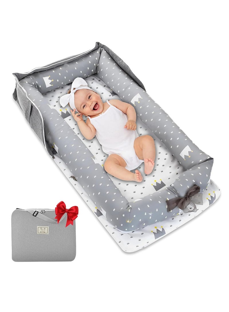 WinRise Baby Lounger for Newborn 0-24 Months, Portable Foldable Cotton Baby Bed with Pillow Foldable Crib Travel Infant Newborn Baby Nest Portable Baby Bedding (Crown Grey) - Image 1