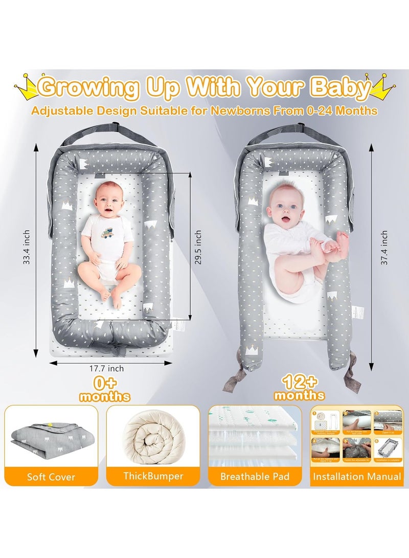 WinRise Baby Lounger for Newborn 0-24 Months, Portable Foldable Cotton Baby Bed with Pillow Foldable Crib Travel Infant Newborn Baby Nest Portable Baby Bedding (Crown Grey) - Image 2