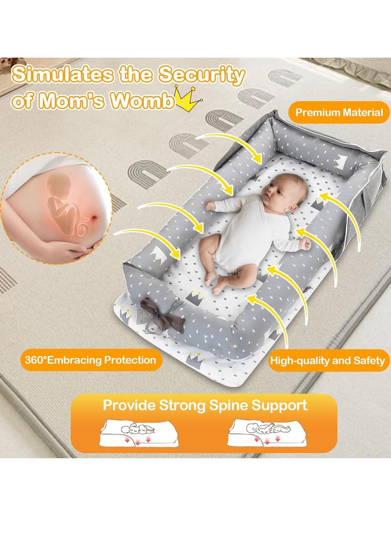 WinRise Baby Lounger for Newborn 0-24 Months, Portable Foldable Cotton Baby Bed with Pillow Foldable Crib Travel Infant Newborn Baby Nest Portable Baby Bedding (Crown Grey) - Image 3
