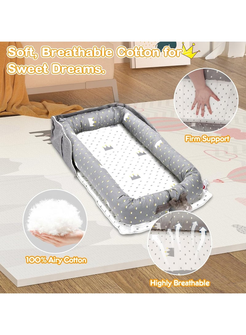 WinRise Baby Lounger for Newborn 0-24 Months, Portable Foldable Cotton Baby Bed with Pillow Foldable Crib Travel Infant Newborn Baby Nest Portable Baby Bedding (Crown Grey) - Image 4
