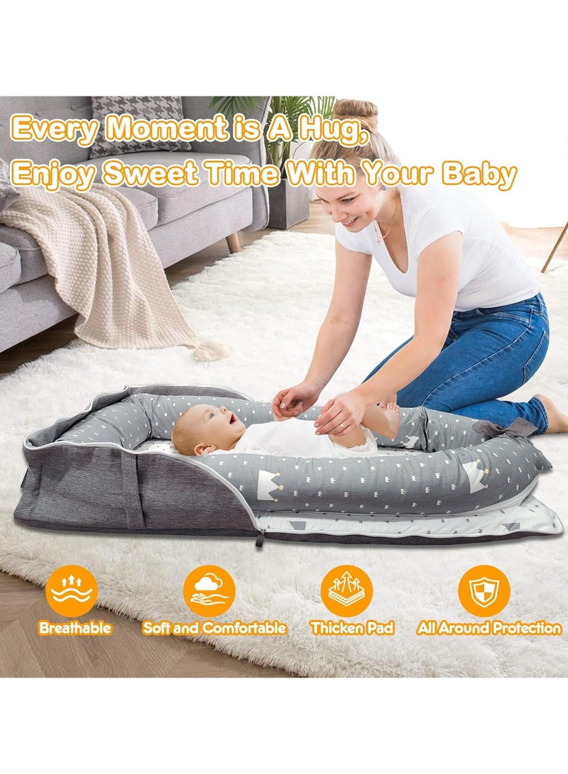 WinRise Baby Lounger for Newborn 0-24 Months, Portable Foldable Cotton Baby Bed with Pillow Foldable Crib Travel Infant Newborn Baby Nest Portable Baby Bedding (Crown Grey) - Image 5