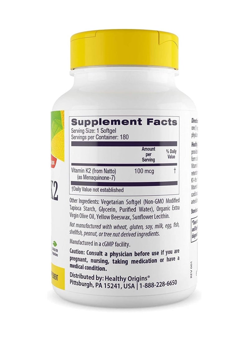 Healthy Origins - Vitamin K2 as MK-7, 100 mcg (Non Gmo)  Supports bone health and cardiovascular health - Dietary Supplement - 180 Veggie Softgels - Image 1
