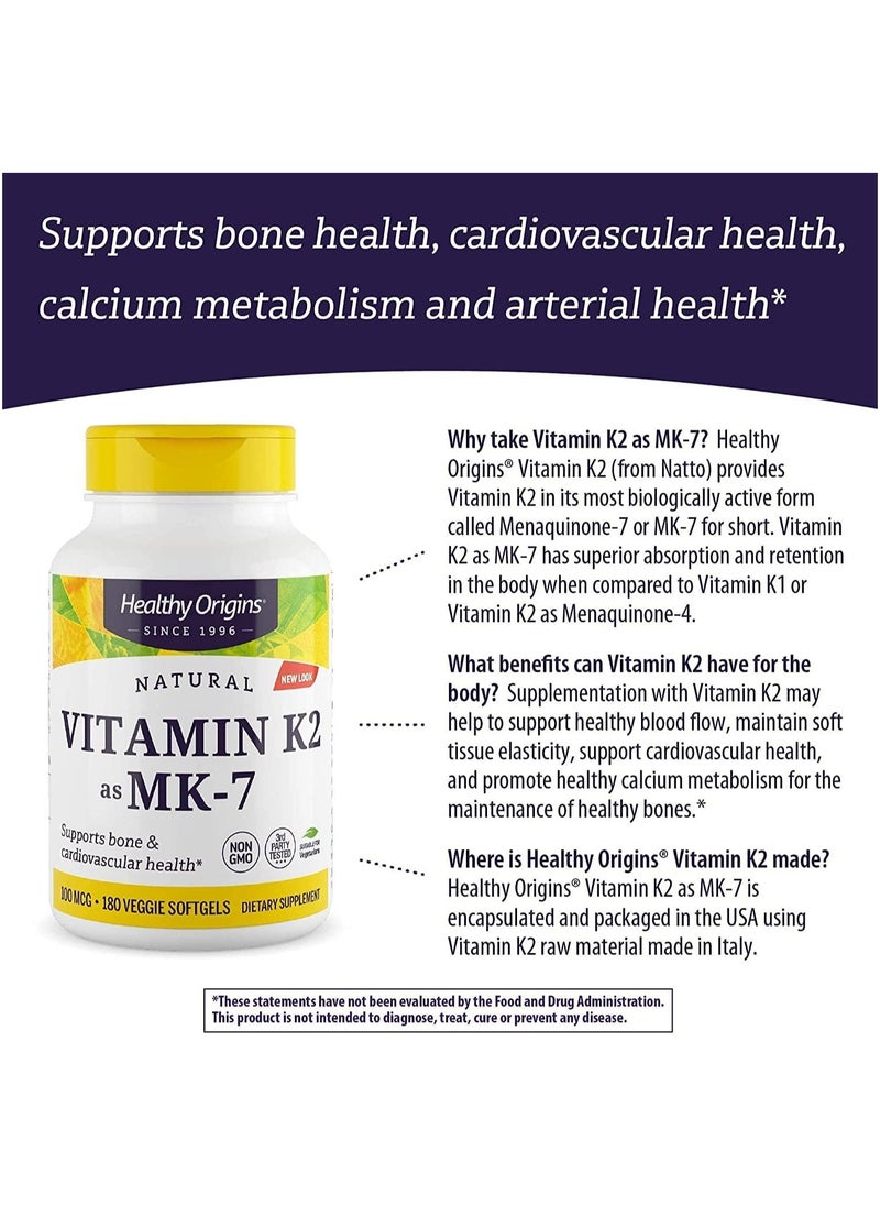 Healthy Origins - Vitamin K2 as MK-7, 100 mcg (Non Gmo)  Supports bone health and cardiovascular health - Dietary Supplement - 180 Veggie Softgels - Image 1