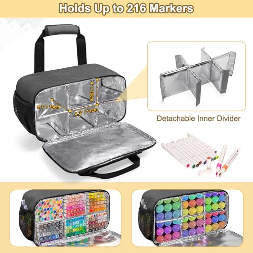 GRAOSO Case Organizer for up to 216 Markers, Large Bag With Carrying Handle, Holder (Length up to 5.1"), Aluminum Foil Liner Easy Cleaning, Patented Design (Grey) - Image 4