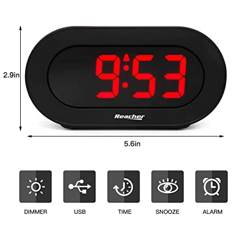 REACHER Small LED Digital Alarm Clock with Simple Operation, Full Range Brightness Dimmer, USB Phone Charger Port, Easy Snooze, Adjustable Alarm Volume, Outlet Powered for Bedrooms Bedside(Black) - Image 5