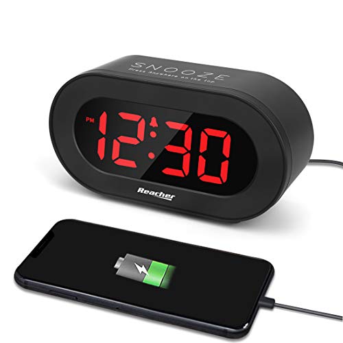 REACHER Small LED Digital Alarm Clock with Simple Operation, Full Range Brightness Dimmer, USB Phone Charger Port, Easy Snooze, Adjustable Alarm Volume, Outlet Powered for Bedrooms Bedside(Black) - Image 1