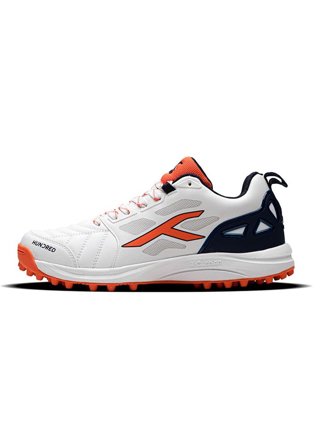 HUNDRED TerraField Cricket Shoes | TerraSpike Rubber Studs | Embedded Support Plate for Stability | Lightweight & Durable | Ideal for Turf, Ground & Hard Surfaces (White/Orange/Navy ; UK 11) - Image 1