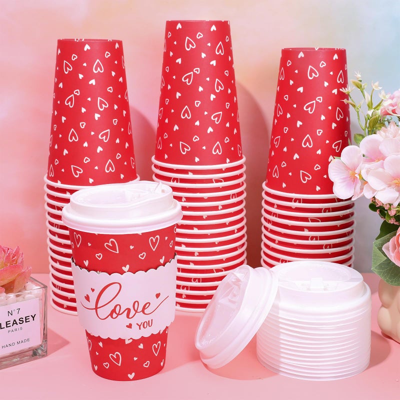 Whaline 50 Set Valentine's Day Red Heart Disposable Coffee Cups with Lids and Sleeves Red White Love Heart Paper Drinking Cups for Wedding Anniversary Party Supplies - Image 5