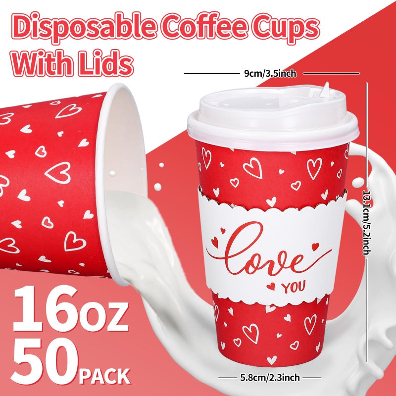 Whaline 50 Set Valentine's Day Red Heart Disposable Coffee Cups with Lids and Sleeves Red White Love Heart Paper Drinking Cups for Wedding Anniversary Party Supplies - Image 2