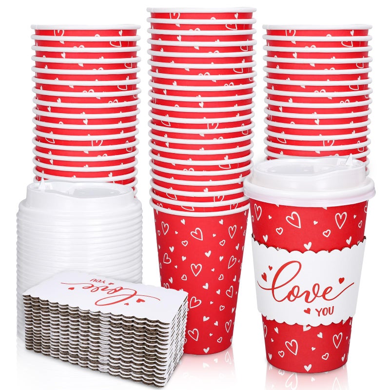 Whaline 50 Set Valentine's Day Red Heart Disposable Coffee Cups with Lids and Sleeves Red White Love Heart Paper Drinking Cups for Wedding Anniversary Party Supplies - Image 1