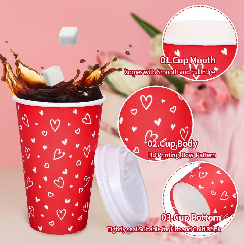 Whaline 50 Set Valentine's Day Red Heart Disposable Coffee Cups with Lids and Sleeves Red White Love Heart Paper Drinking Cups for Wedding Anniversary Party Supplies - Image 3