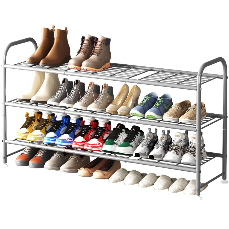 LINZINAR Shoe Rack 3 Tier Long Metal Shoe Organizer for Closet Entryway Grey