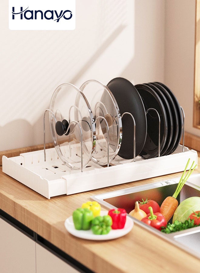 Hanayo Pots and Pans Organizer Kitchen Storage Rack  Adjustable Pots and Pans Organizer with 7 Dividers Kitchen Cabinet Holder for Pan Pot Lid Cutting Board Drying Cookware Dish Rack Organizer(White) - Image 1