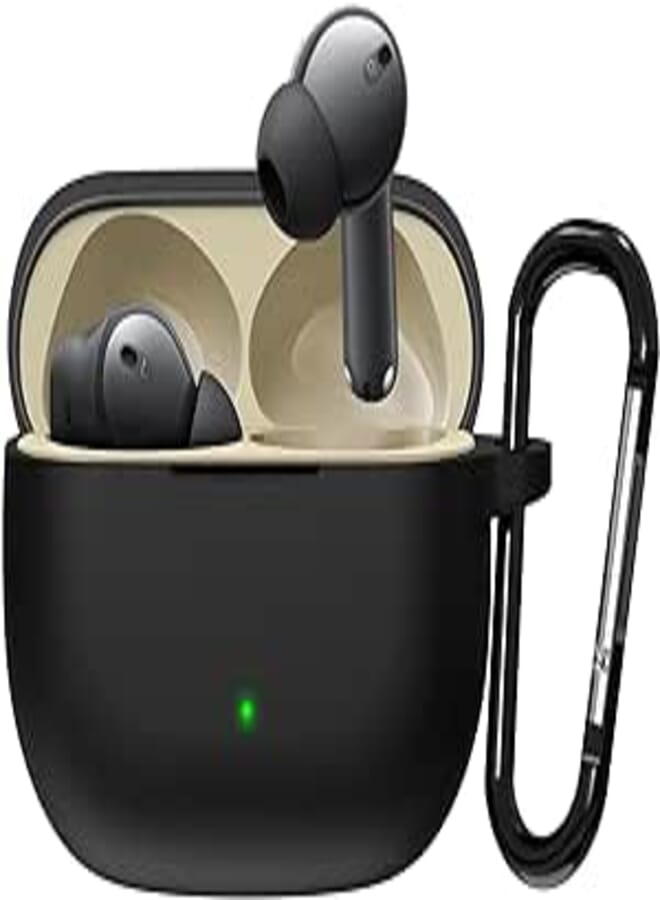 غطاء سماعة أذن Sounce متوافق مع Realme Buds T300، غطاء جلدي ناعم من السيليكون مع حافظة واقية ممتصة للصدمات مع سلسلة مفاتيح [ضوء LED أمامي مرئي] (أسود)