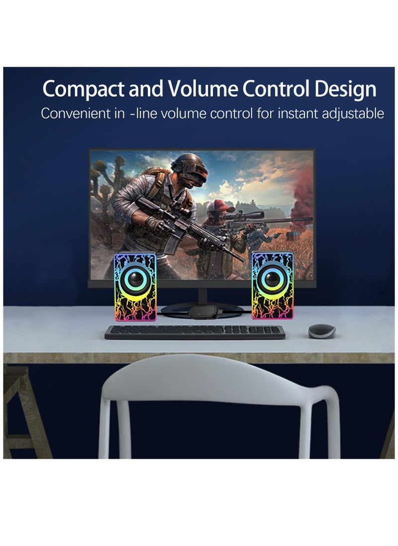 سماعات كمبيوتر، سماعات كمبيوتر RGB لسطح المكتب، سماعات ألعاب محمولة تعمل بمنفذ USB 2.0 مع إضاءة LED ملونة، مكبر صوت صغير متعدد الوسائط بمدخل Aux مقاس 3.5 مم لشاشات التلفزيون وأجهزة الكمبيوتر المحمولة