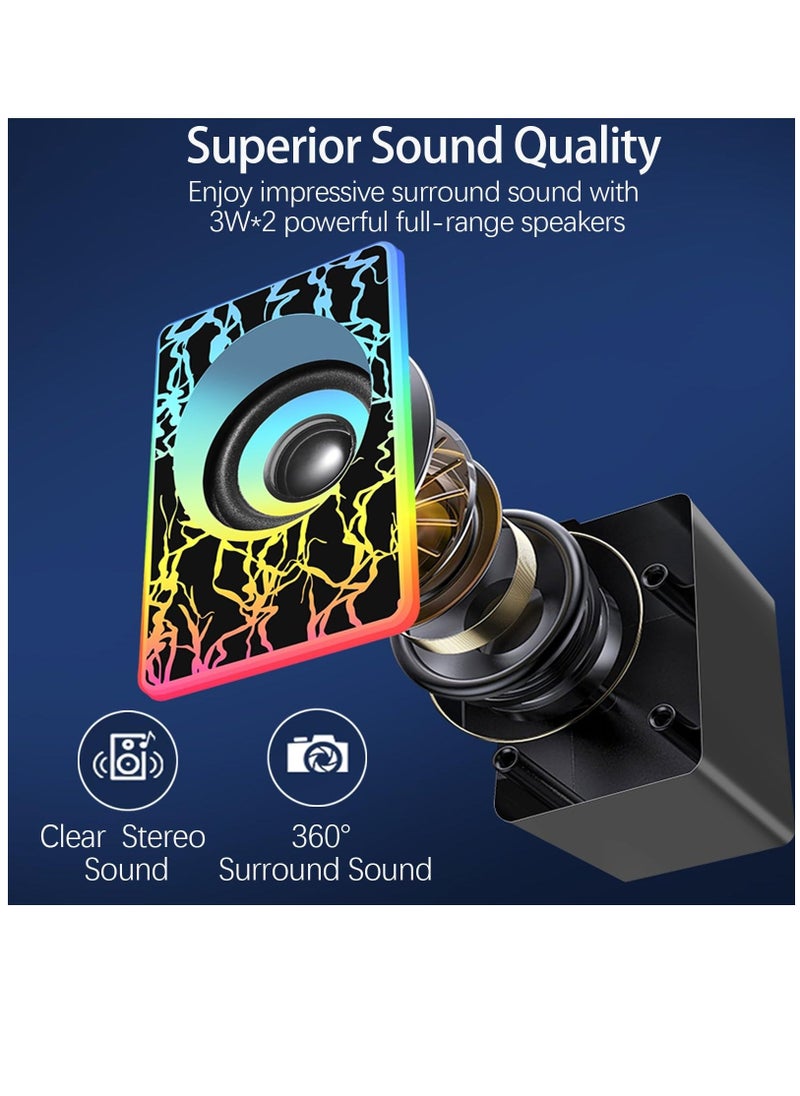 سماعات كمبيوتر، سماعات كمبيوتر RGB لسطح المكتب، سماعات ألعاب محمولة تعمل بمنفذ USB 2.0 مع إضاءة LED ملونة، مكبر صوت صغير متعدد الوسائط بمدخل Aux مقاس 3.5 مم لشاشات التلفزيون وأجهزة الكمبيوتر المحمولة