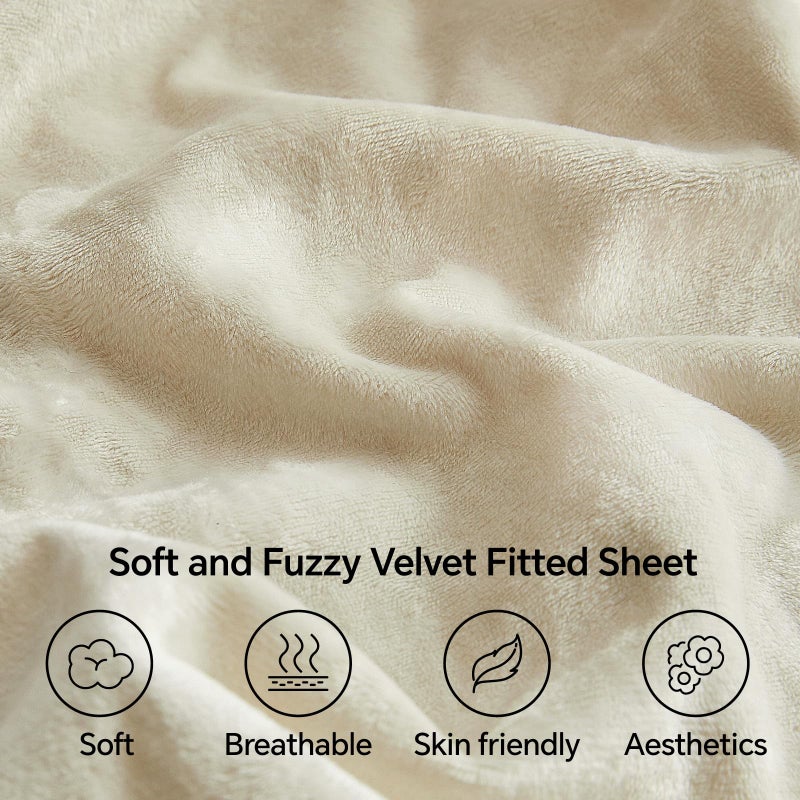 BEDELITE Velvet Fitted Sheet and Pillowcases Set, Luxury Soft Fuzzy Bottom Sheet with Reinforced Elastic Corner Straps, Deep Pocket up to 15 Inch, 1 Fitted Sheet and 2 Pillowcases (Queen, Cream) - Image 3