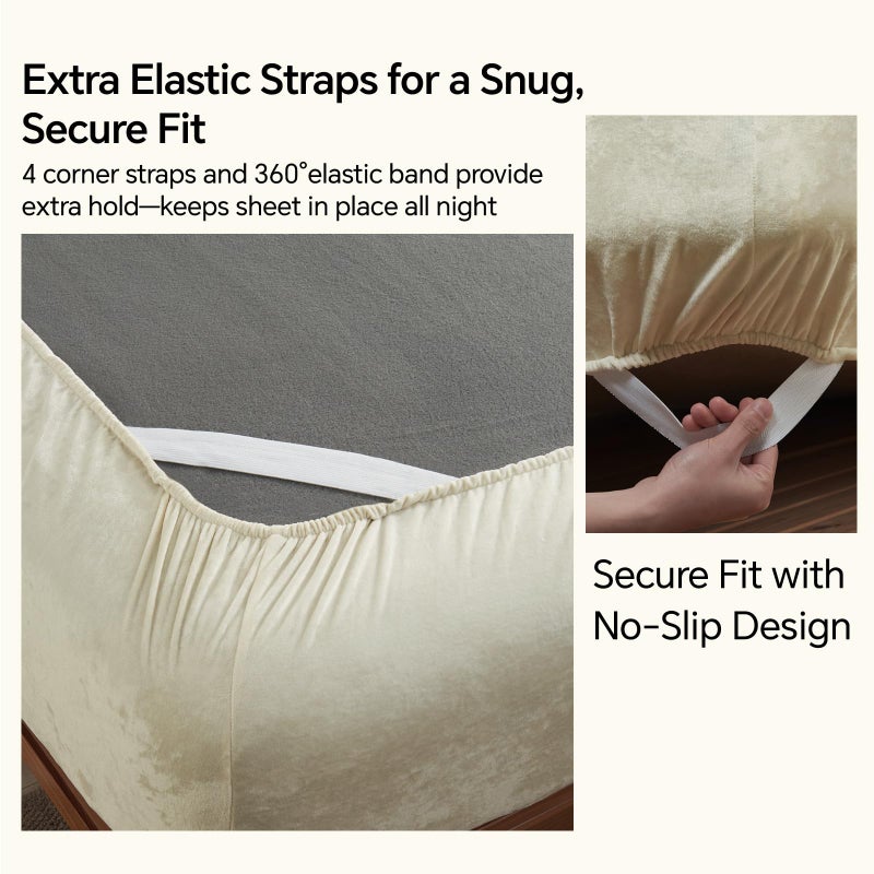 BEDELITE Velvet Fitted Sheet and Pillowcases Set, Luxury Soft Fuzzy Bottom Sheet with Reinforced Elastic Corner Straps, Deep Pocket up to 15 Inch, 1 Fitted Sheet and 2 Pillowcases (Queen, Cream) - Image 4