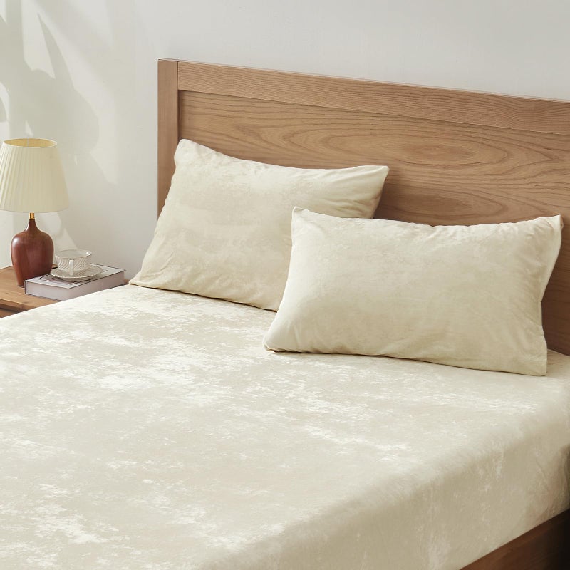 BEDELITE Velvet Fitted Sheet and Pillowcases Set, Luxury Soft Fuzzy Bottom Sheet with Reinforced Elastic Corner Straps, Deep Pocket up to 15 Inch, 1 Fitted Sheet and 2 Pillowcases (Queen, Cream) - Image 1