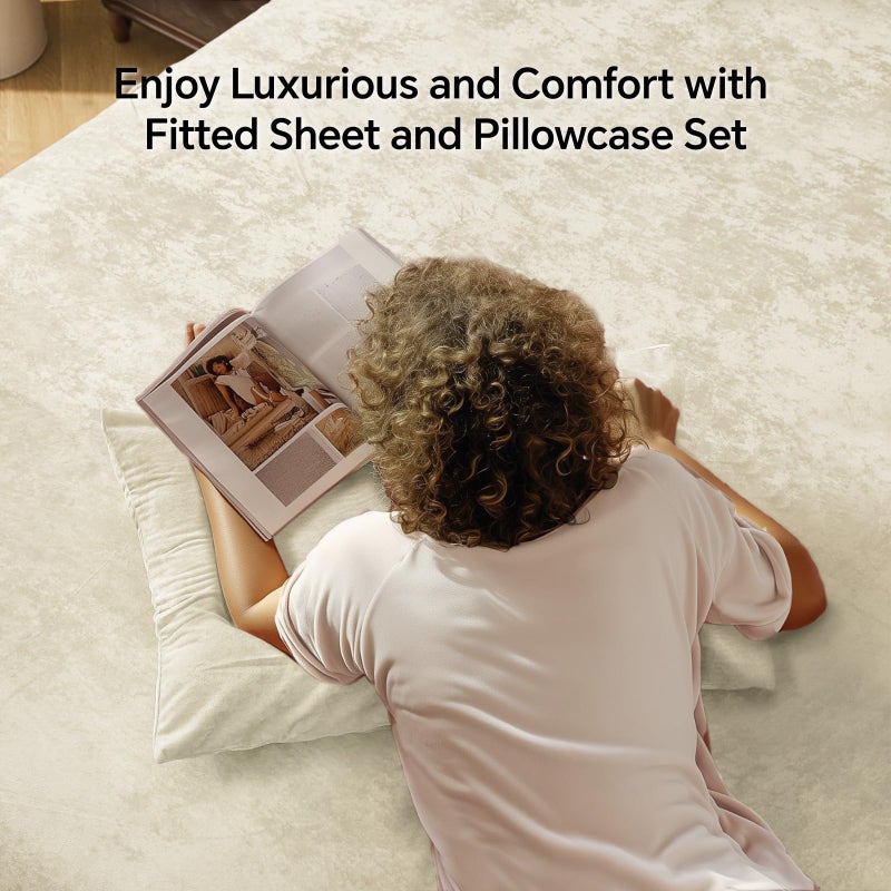 BEDELITE Velvet Fitted Sheet and Pillowcases Set, Luxury Soft Fuzzy Bottom Sheet with Reinforced Elastic Corner Straps, Deep Pocket up to 15 Inch, 1 Fitted Sheet and 2 Pillowcases (Queen, Cream) - Image 2