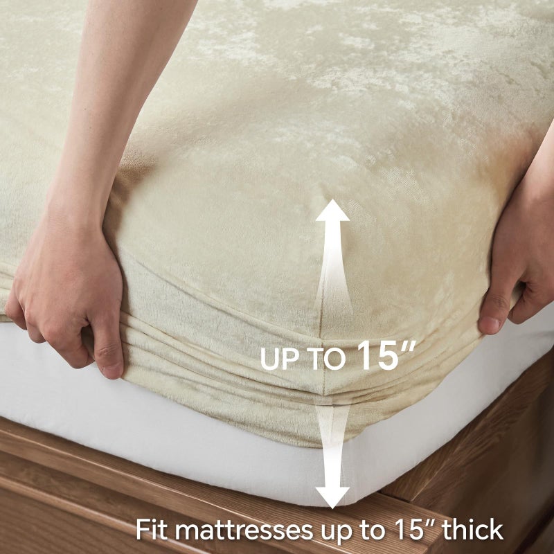 BEDELITE Velvet Fitted Sheet and Pillowcases Set, Luxury Soft Fuzzy Bottom Sheet with Reinforced Elastic Corner Straps, Deep Pocket up to 15 Inch, 1 Fitted Sheet and 2 Pillowcases (Queen, Cream) - Image 5