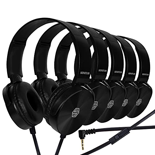 Sonitum Premium Classroom Headphone & Mic Set 3.5mm Jack Stereo Sound Earphones with Microphone & Soft Swivel On Ear Pads- Perfect for E-Learning, Meetings, Calls - Bulk Pack of 5 (Black) - Image 1