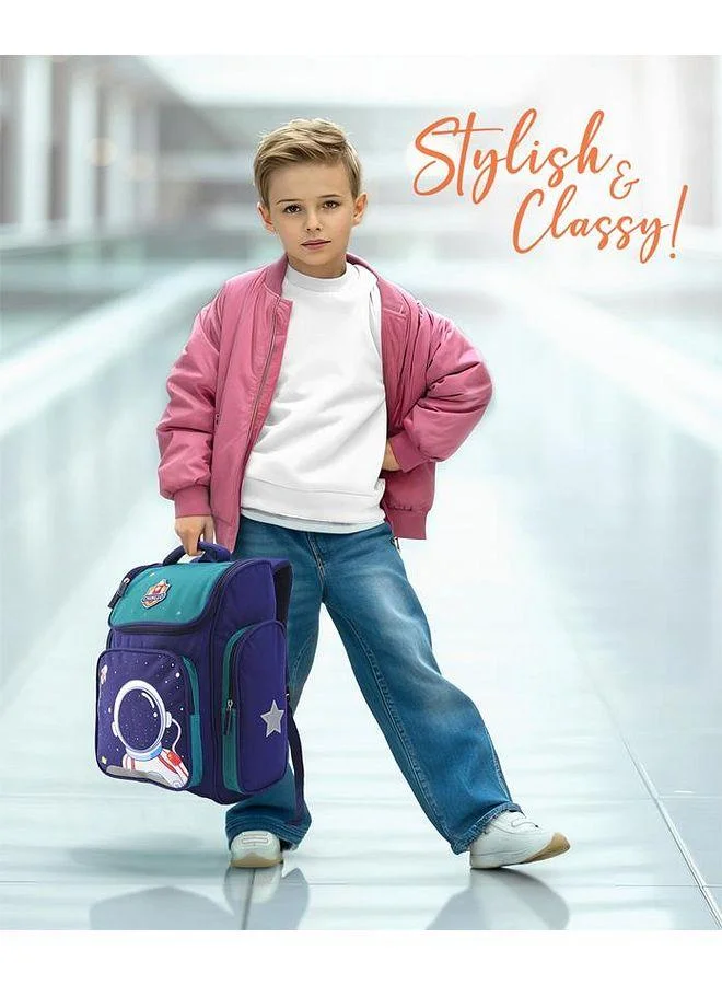 Bonfino Bonfino Astronaut Themed School Bag, Padded Straps, Chest Strap, Cushioned Back, Medium Size, 6 Years+, Blue and Green - 17 Inches