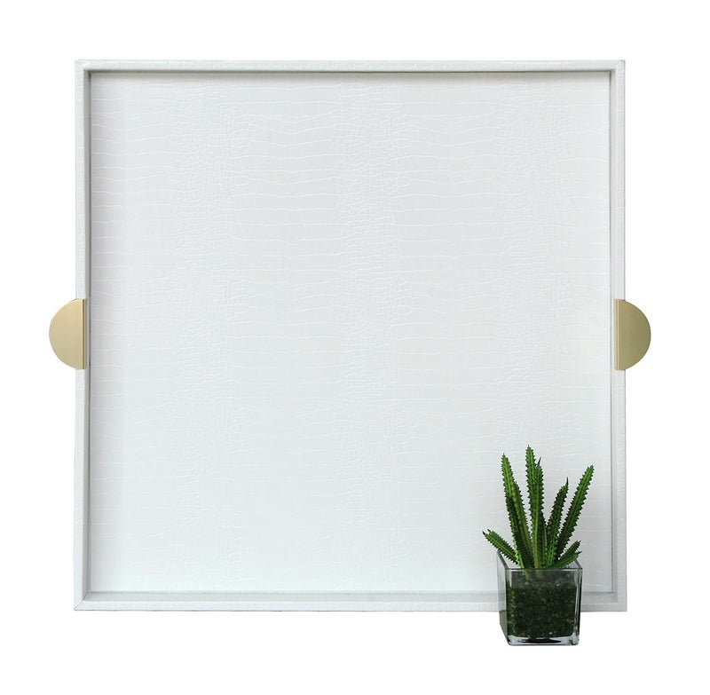 HofferRuffer Faux Leather Decorative Serving Tray Elegant Coffee Table Ottoman Tray Breakfast Drinks Liquor Serving Platter White Croco Finish with Gold Hardware Handle Square