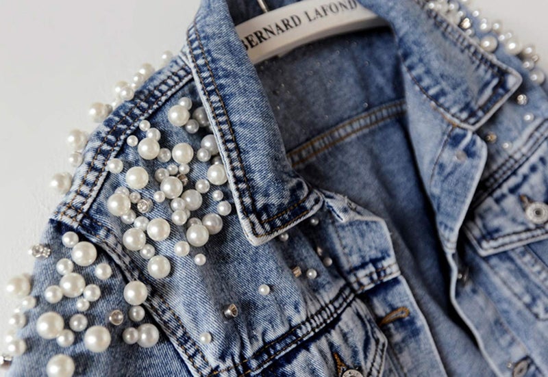 Kedera Women's Jean Jacket Embroidered Rivet Pearl Short Denim Jacket Coat - Image 5