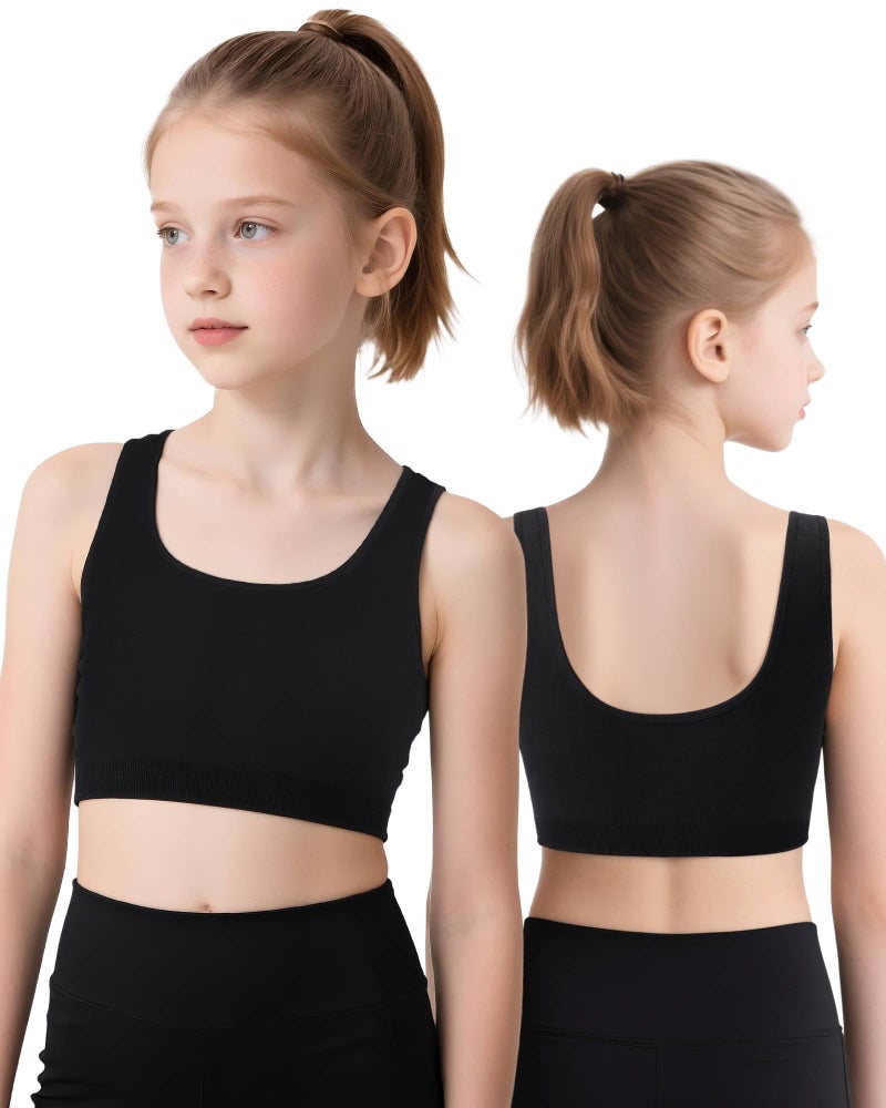 iMucci Sports Bra for Girls U-Shaped Training Bra with Removable Pads Scoop Neck for Teens Kids Yoga Sports Dance Bra Black - Image 1