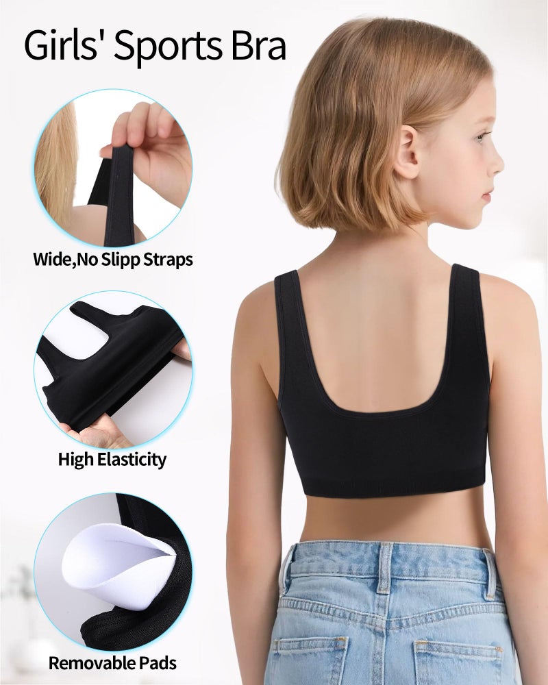 iMucci Sports Bra for Girls U-Shaped Training Bra with Removable Pads Scoop Neck for Teens Kids Yoga Sports Dance Bra Black - Image 4