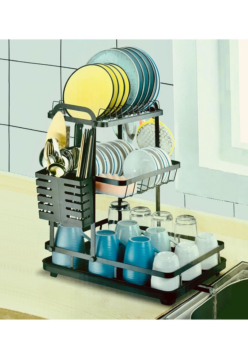 HEXAR حامل تجفيف الأطباق الموفر للمساحة من الفولاذ المقاوم للصدأ مع حامل أدوات وصينية ماء، مصفاة أطباق لمطبخك، حامل تجفيف مقاوم للصدأ، منظم مطبخ (3 طبقات، أسود) - Image 1