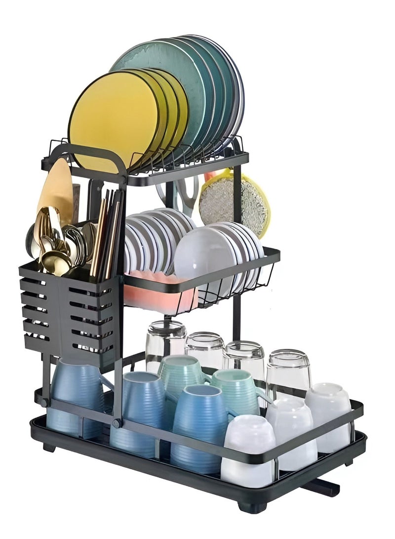HEXAR حامل تجفيف الأطباق الموفر للمساحة من الفولاذ المقاوم للصدأ مع حامل أدوات وصينية ماء، مصفاة أطباق لمطبخك، حامل تجفيف مقاوم للصدأ، منظم مطبخ (3 طبقات، أسود) - Image 3