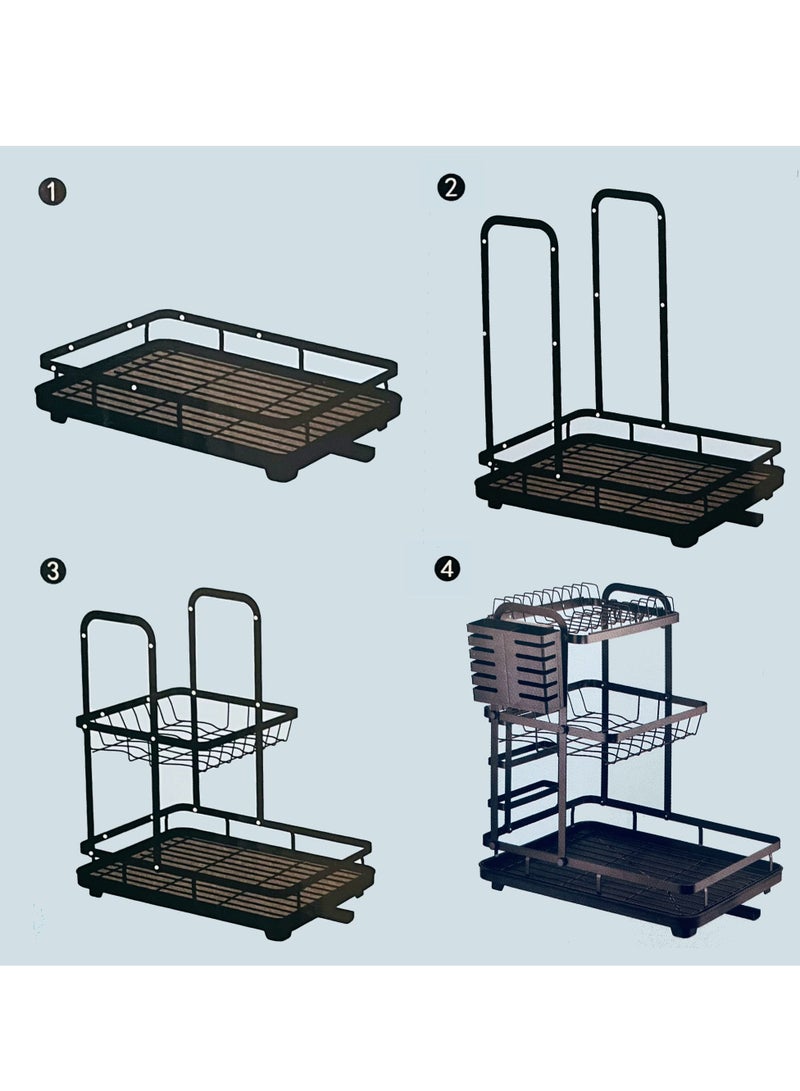 HEXAR حامل تجفيف الأطباق الموفر للمساحة من الفولاذ المقاوم للصدأ مع حامل أدوات وصينية ماء، مصفاة أطباق لمطبخك، حامل تجفيف مقاوم للصدأ، منظم مطبخ (3 طبقات، أسود) - Image 4