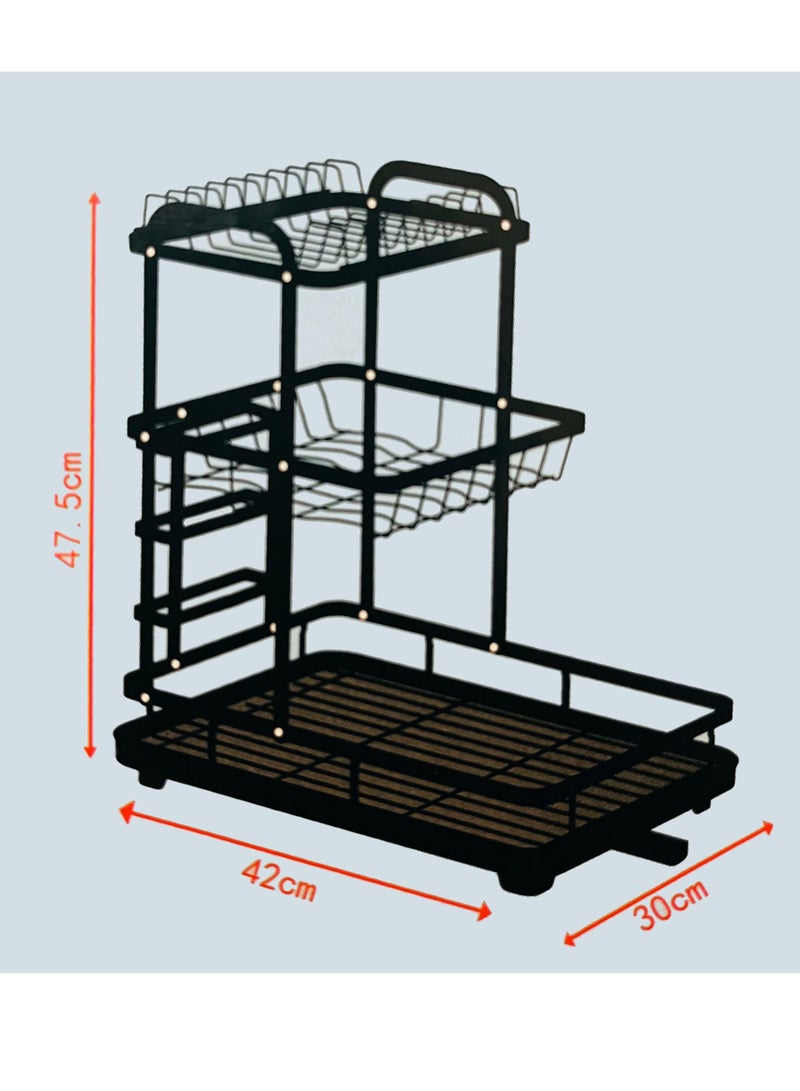 HEXAR حامل تجفيف الأطباق الموفر للمساحة من الفولاذ المقاوم للصدأ مع حامل أدوات وصينية ماء، مصفاة أطباق لمطبخك، حامل تجفيف مقاوم للصدأ، منظم مطبخ (3 طبقات، أسود) - Image 2