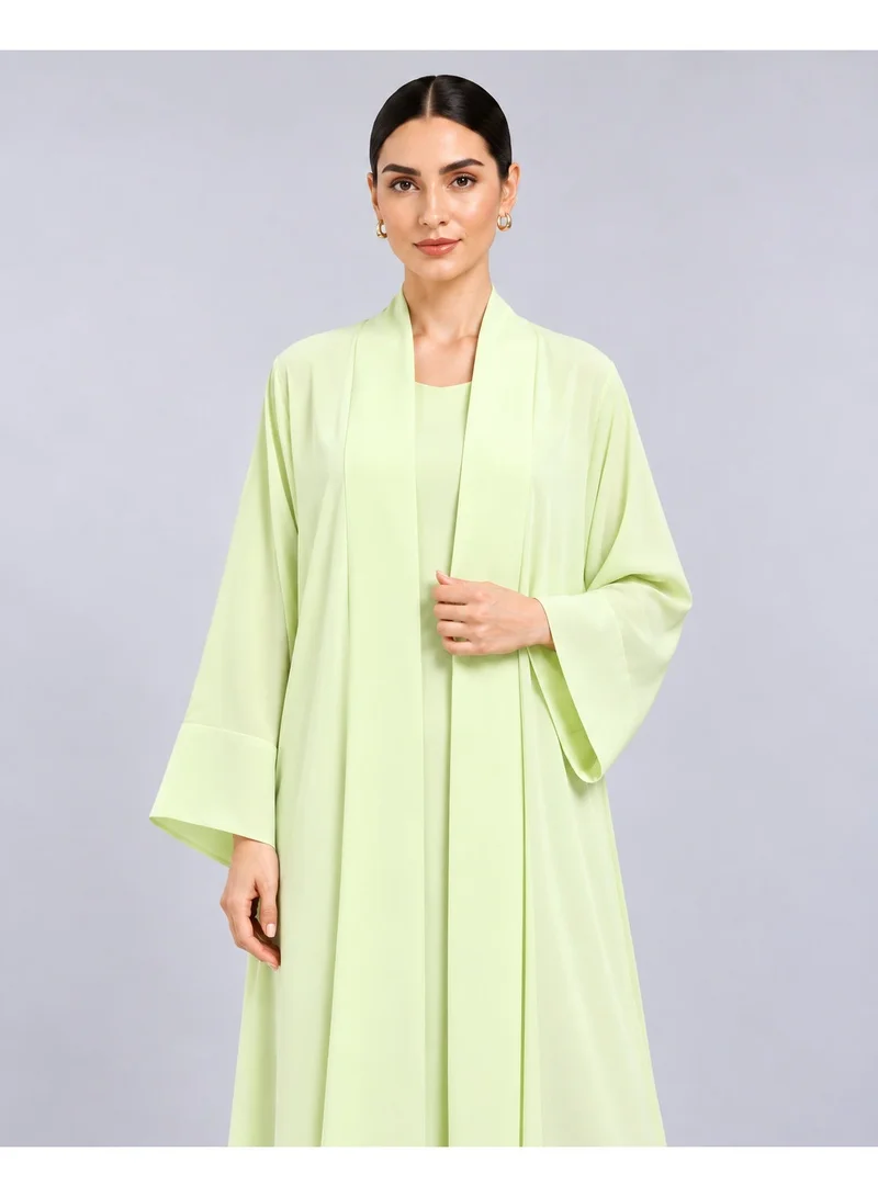 Neuness Women's Pastel Pistachio Green 2-Piece Abaya Set with Matching Inner Dress, Nida Kori Fabric, Open Front, Kimono Sleeves