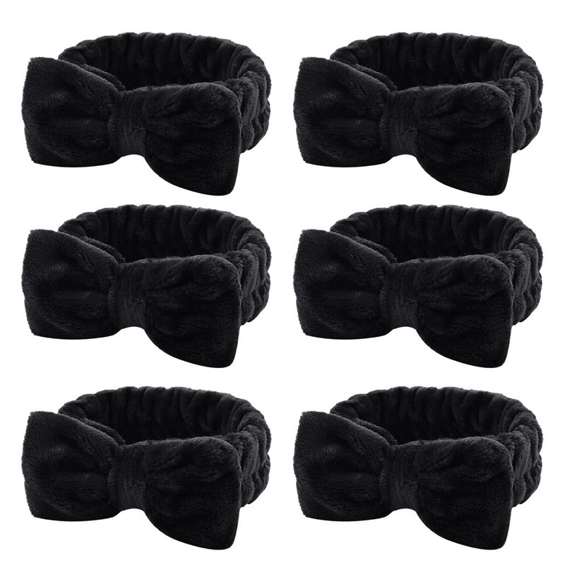 WHAVEL 6 Pack Spa HeadbandsBlack Makeup Headbands Microfiber Bowtie Headbands Facial Headband Soft Bowknot Fluffy Elastic Hair Band Headbands Cosmetic Coral Fleece Shower Headband
