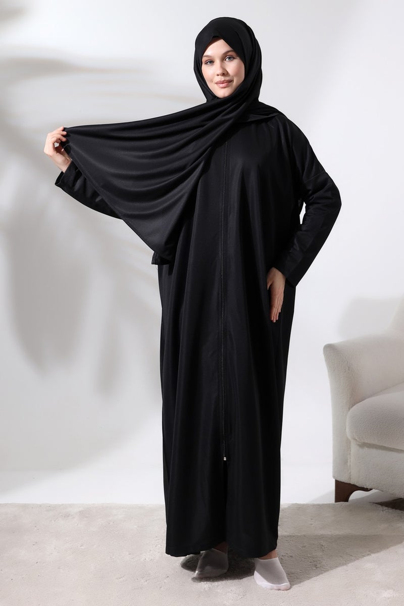 İhvan Ihvan Women's One Piece Zippered Prayer Dress with Headscarf Black  - Image 2