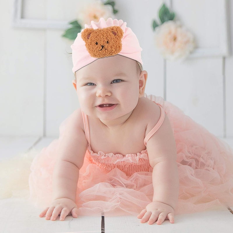Newborn Infant Cotton Turban Cap Elastic Beanie Lightweight Spring Autumn Cute Bear Design Pink - Image 5