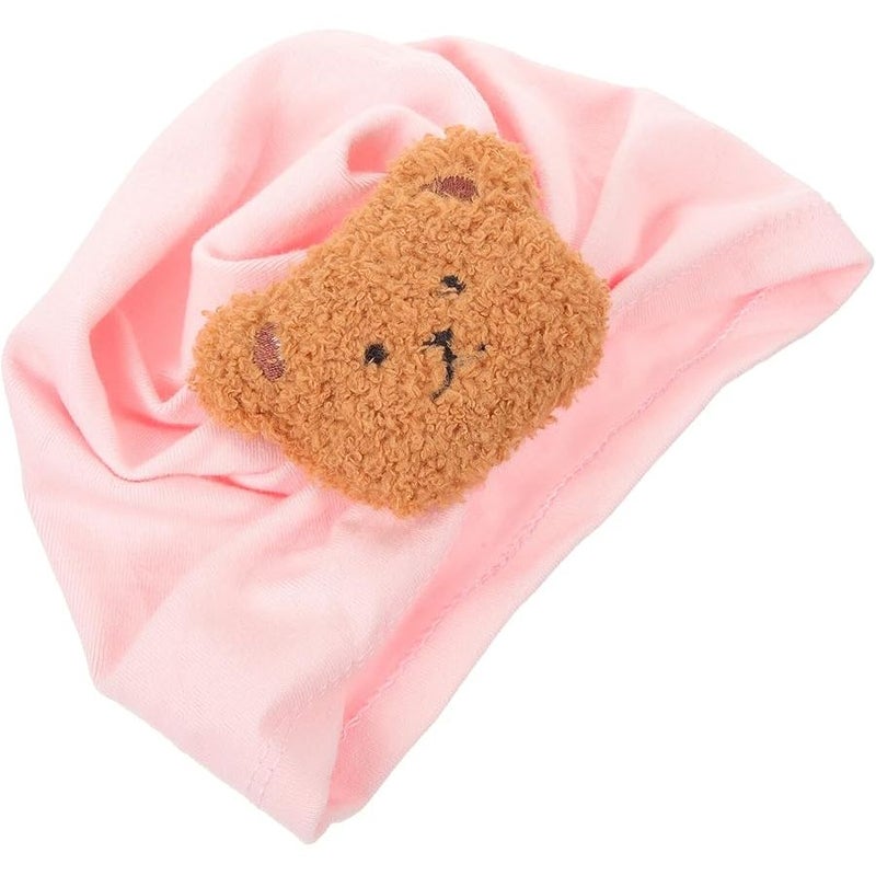 Newborn Infant Cotton Turban Cap Elastic Beanie Lightweight Spring Autumn Cute Bear Design Pink - Image 1