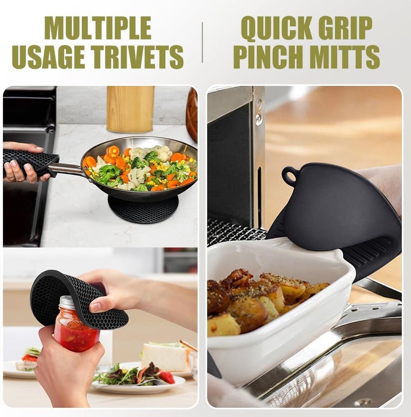 Rorecay Extra Long Oven Mitts and Pot Holders Sets: Heat Resistant Silicone Mittens with Mini Gloves Hot Pads Potholders for Kitchen Baking Cooking, Quilted Liner, Black, Pack of 6 - Image 3