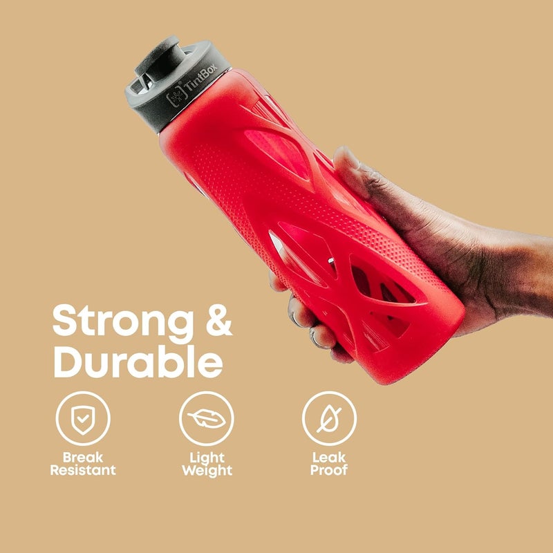 TintBox Borosilicate Glass Water Bottle with Silicone Sleeve | as seen on Shark Tank | perfect for Office, Home, Fridge, Gym, Travel | BPA Free | Energy Red | 750ml - Image 4