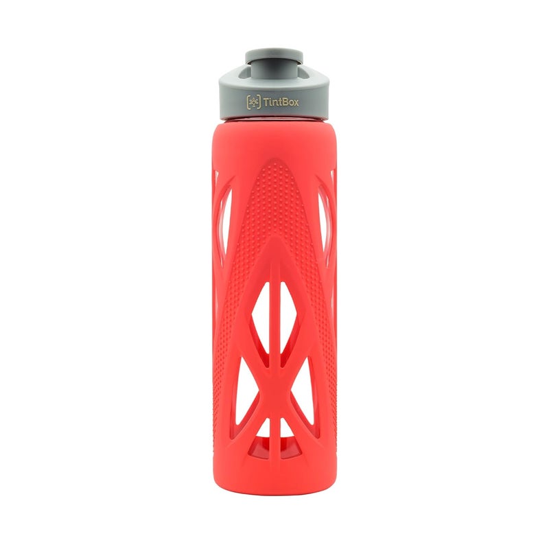 TintBox Borosilicate Glass Water Bottle with Silicone Sleeve | as seen on Shark Tank | perfect for Office, Home, Fridge, Gym, Travel | BPA Free | Energy Red | 750ml - Image 1