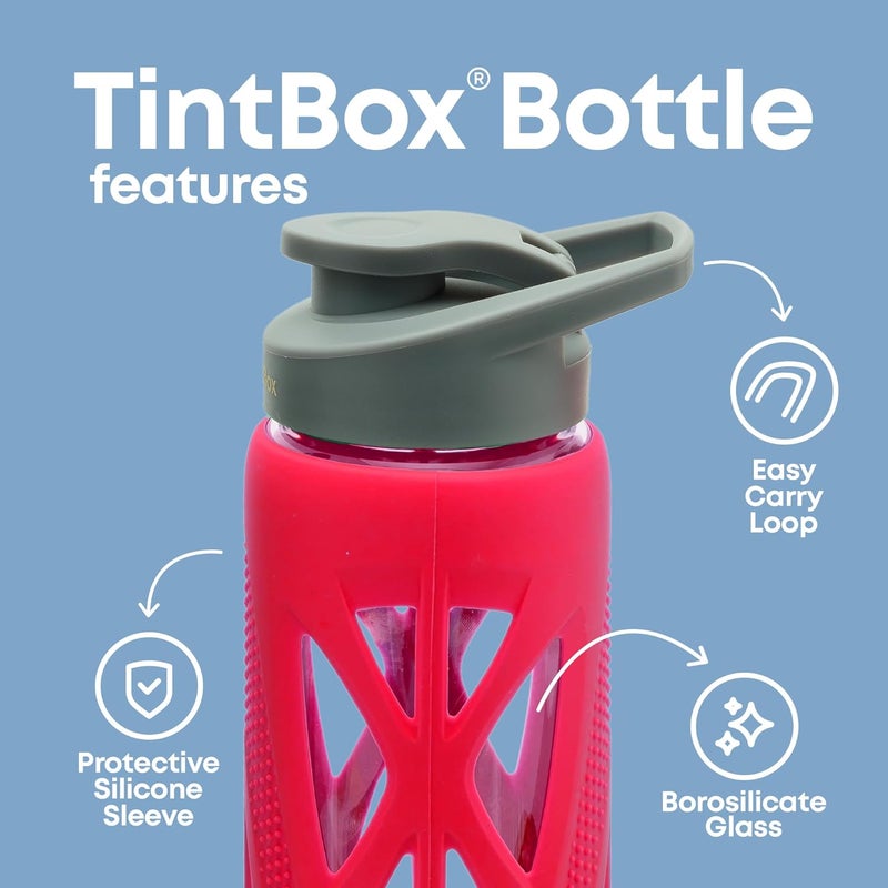 TintBox Borosilicate Glass Water Bottle with Silicone Sleeve | as seen on Shark Tank | perfect for Office, Home, Fridge, Gym, Travel | BPA Free | Energy Red | 750ml - Image 2