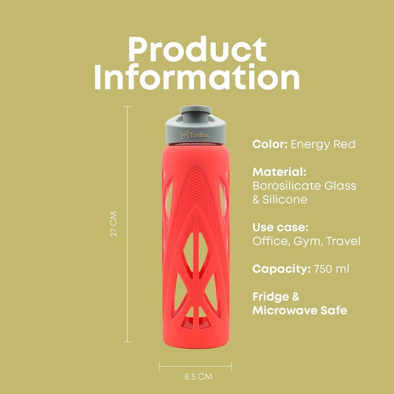 TintBox Borosilicate Glass Water Bottle with Silicone Sleeve | as seen on Shark Tank | perfect for Office, Home, Fridge, Gym, Travel | BPA Free | Energy Red | 750ml - Image 3