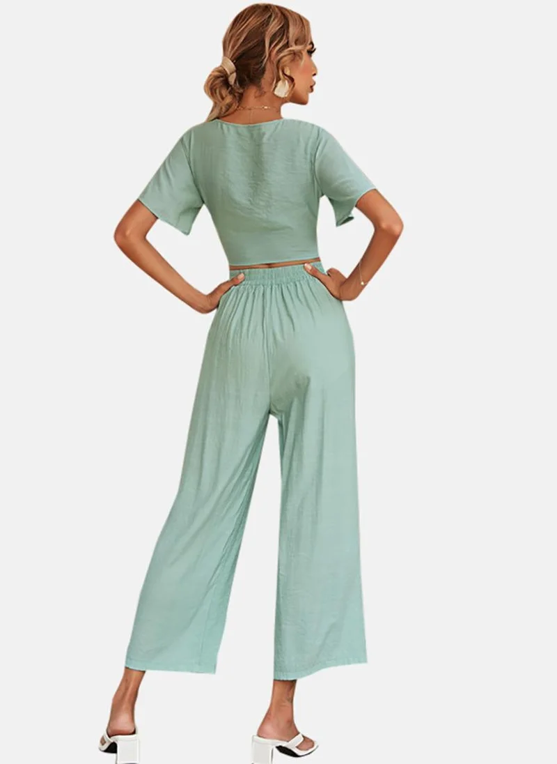 يونيكي Sea Green V Neck Solid Top with Trouser