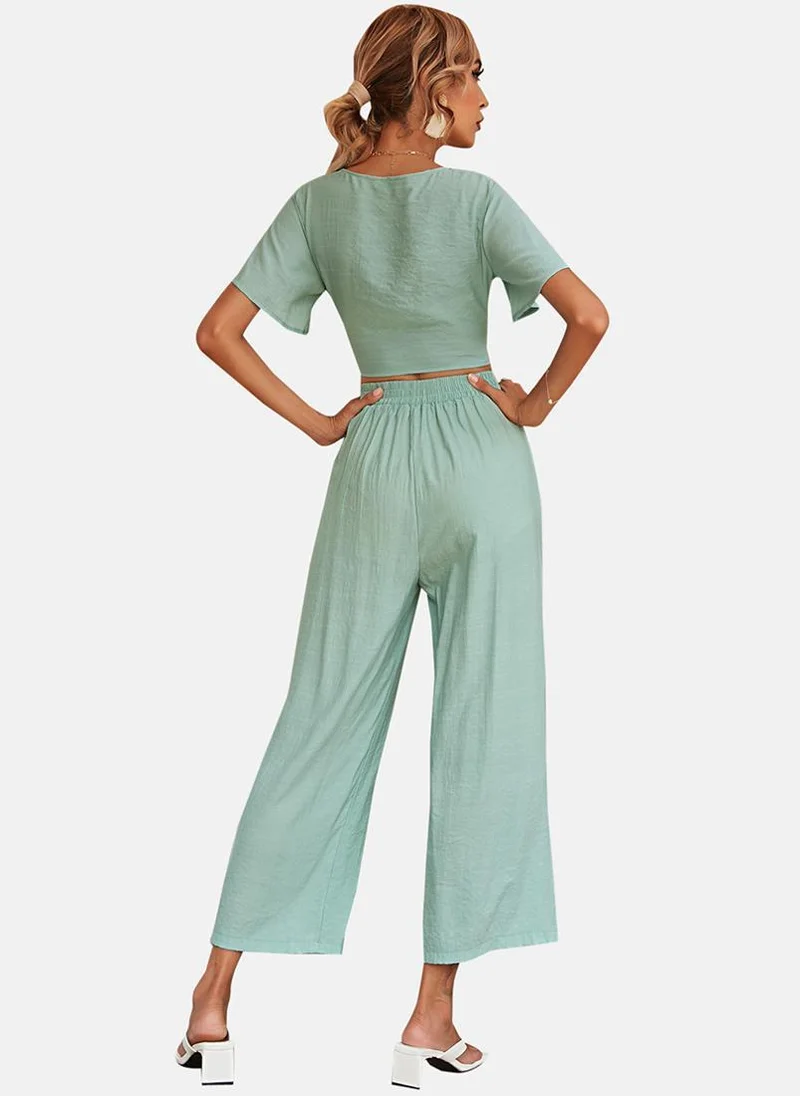 يونيكي Sea Green V Neck Solid Top with Trouser